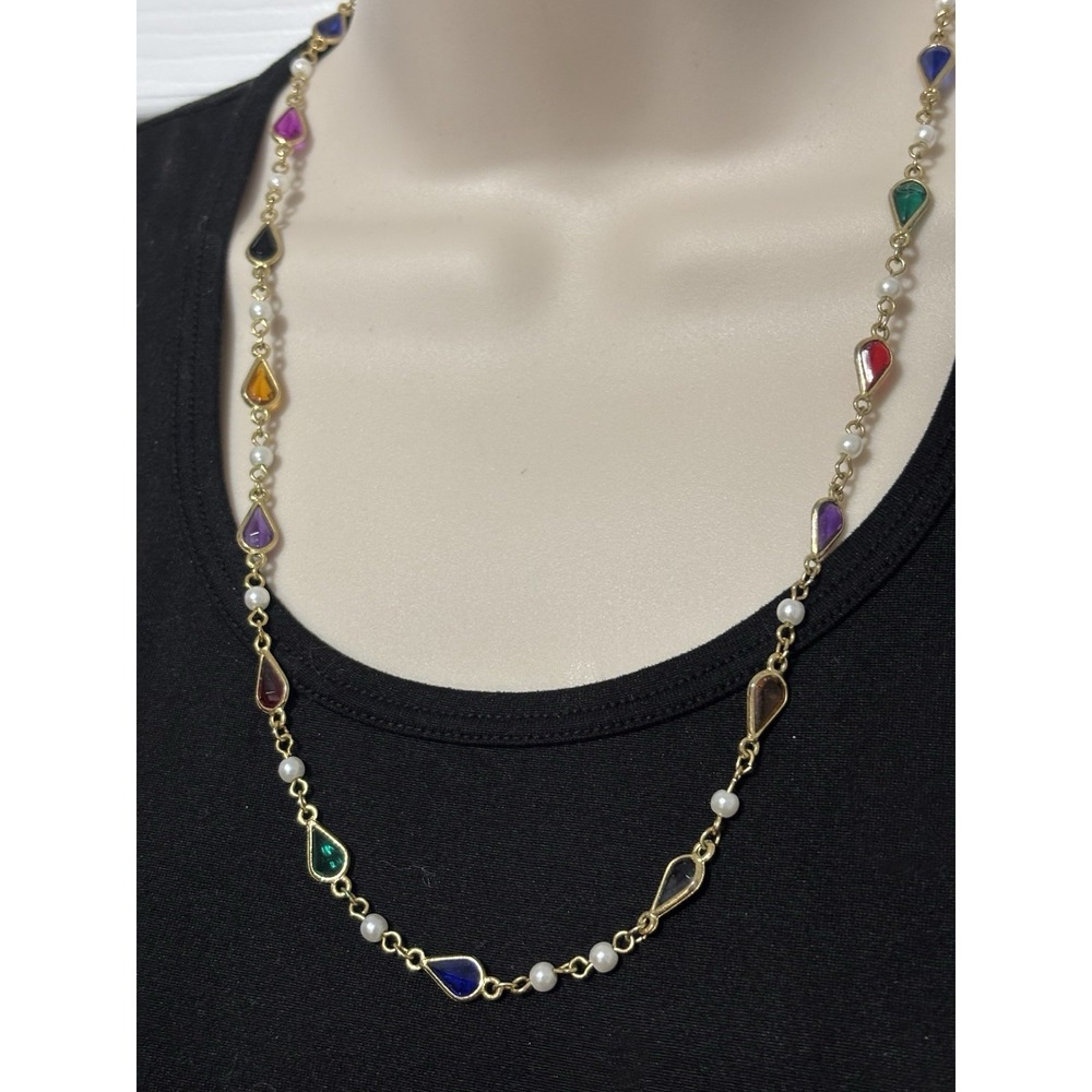 Vintage Bezel Set Gold Tone Colorful Crystal Teardop Necklace Y2K 90's Fairy